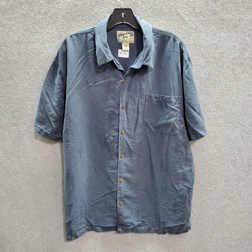 VINTAGE Big Dogs Men Button Up Shirt Large Blue 100% Silk Short Sleeve Collar